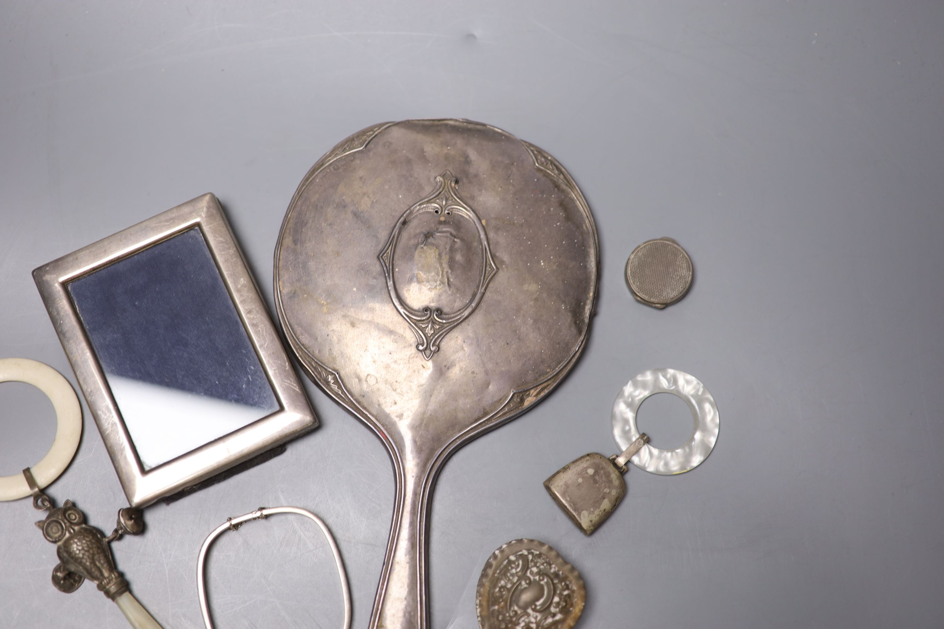 Assorted minor silver etc. including a hand mirror, pill boxed, teething rattle and a 925 bangle.